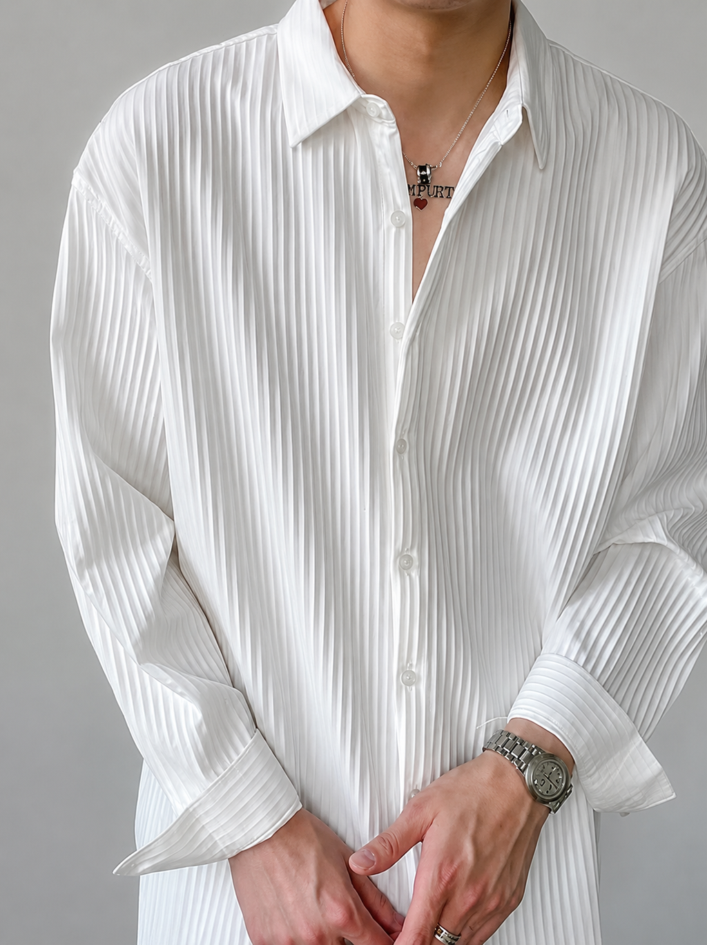 Premium Pleated Oversized White Shirt for Men | Luxury Casual Fit