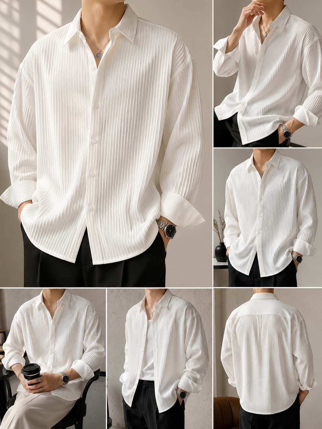 Premium Pleated Oversized White Shirt for Men | Luxury Casual Fit