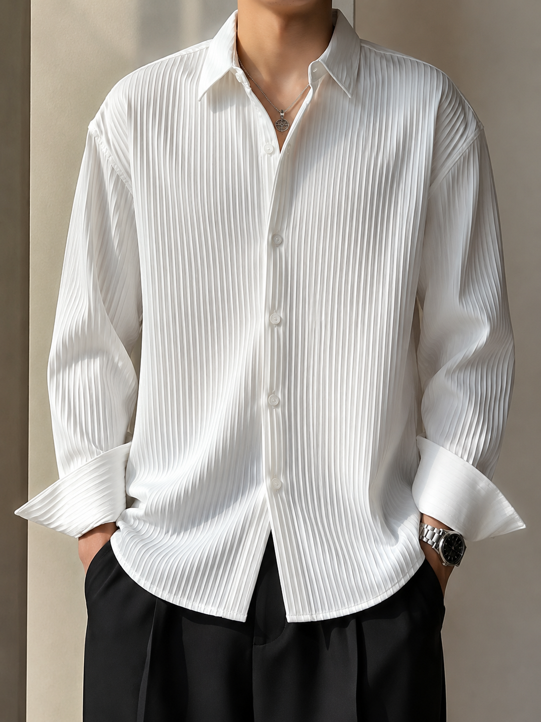 Premium Pleated Oversized White Shirt for Men | Luxury Casual Fit