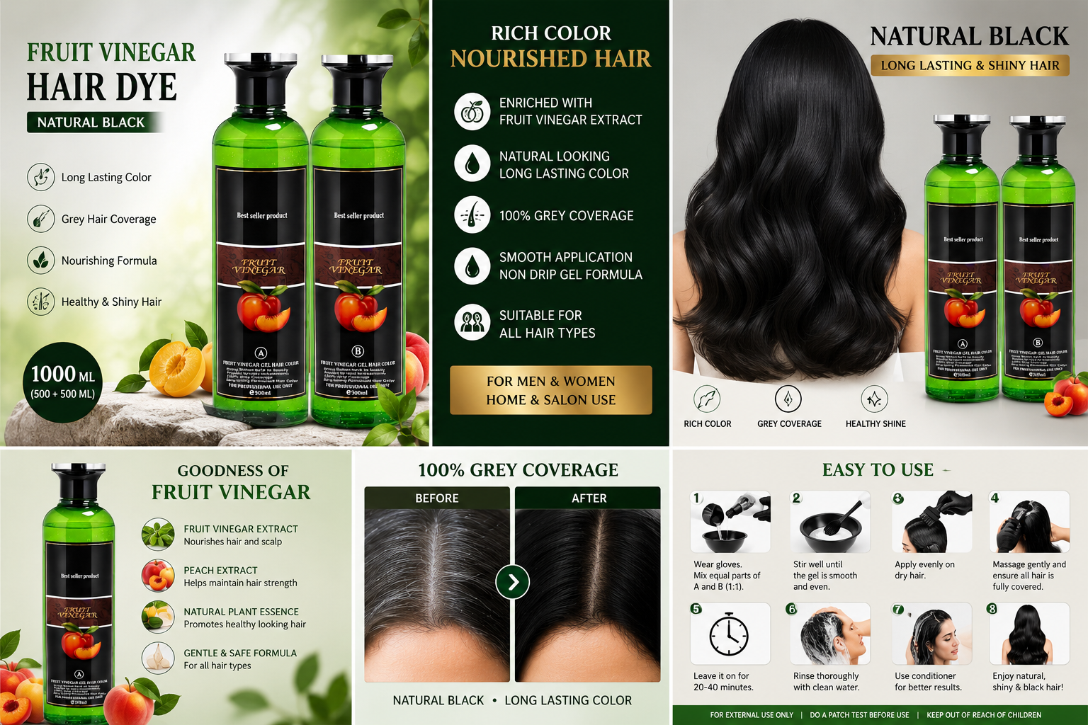 Fruit Vinegar Hair Color Gel – Natural Black 1000 ML (500 + 500 ML)